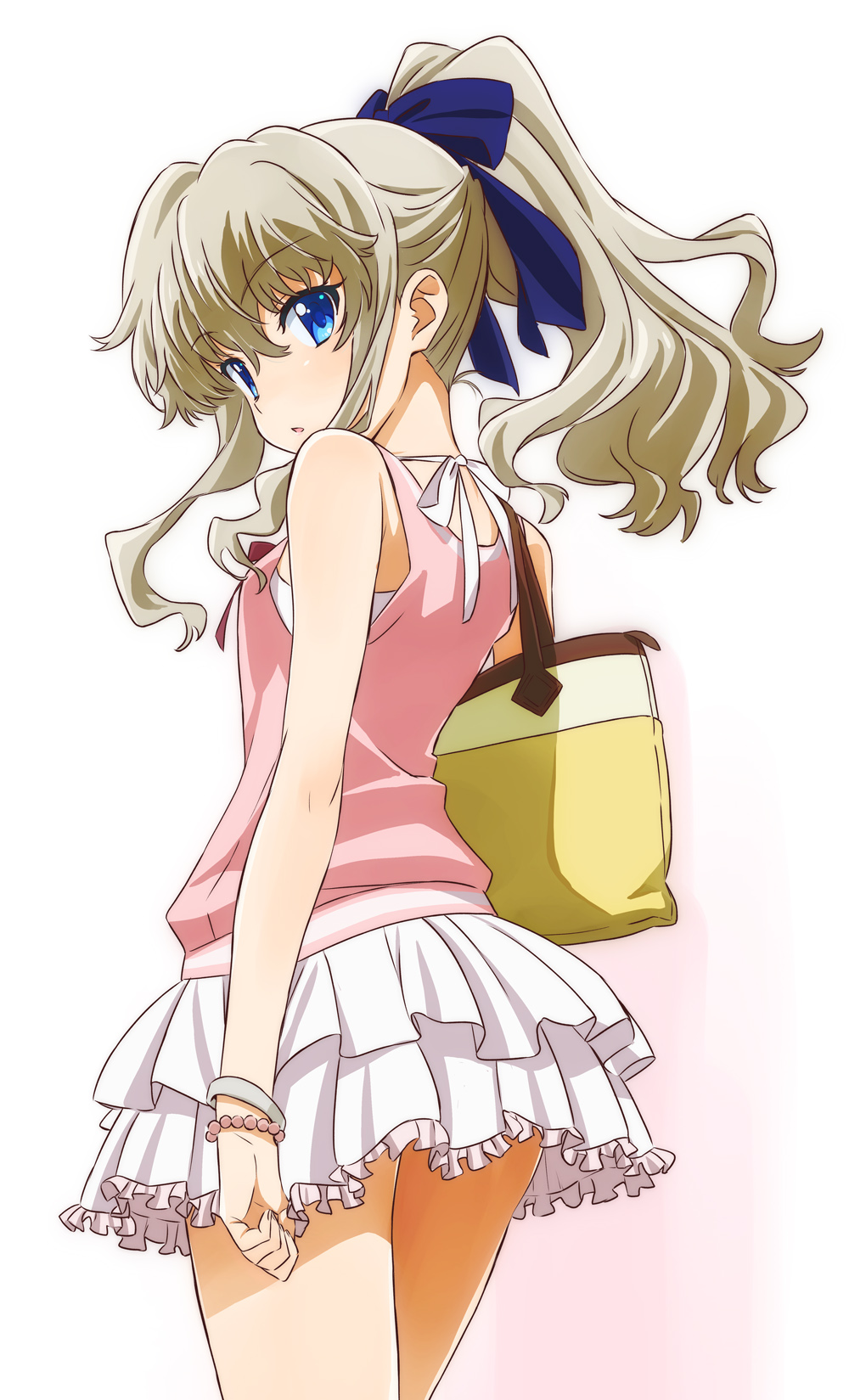 10s, 1girl, :o, bag, blonde_hair, blue_eyes, bracelet, charlotte_(anime), female_focus, frills, from_behind, hair_ribbon, handbag, highres, jewelry, looking_at_viewer, looking_back, pink_shirt, ponytail, ribbon, satosute, shirt, simple_background, skirt, solo, tomori_nao, white_background, yamaguchi_satoshi