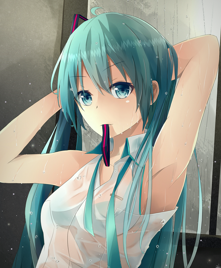 1girl, adjusting_hair, aqua_eyes, aqua_hair, armpits, arms_up, female_focus, hatsune_miku