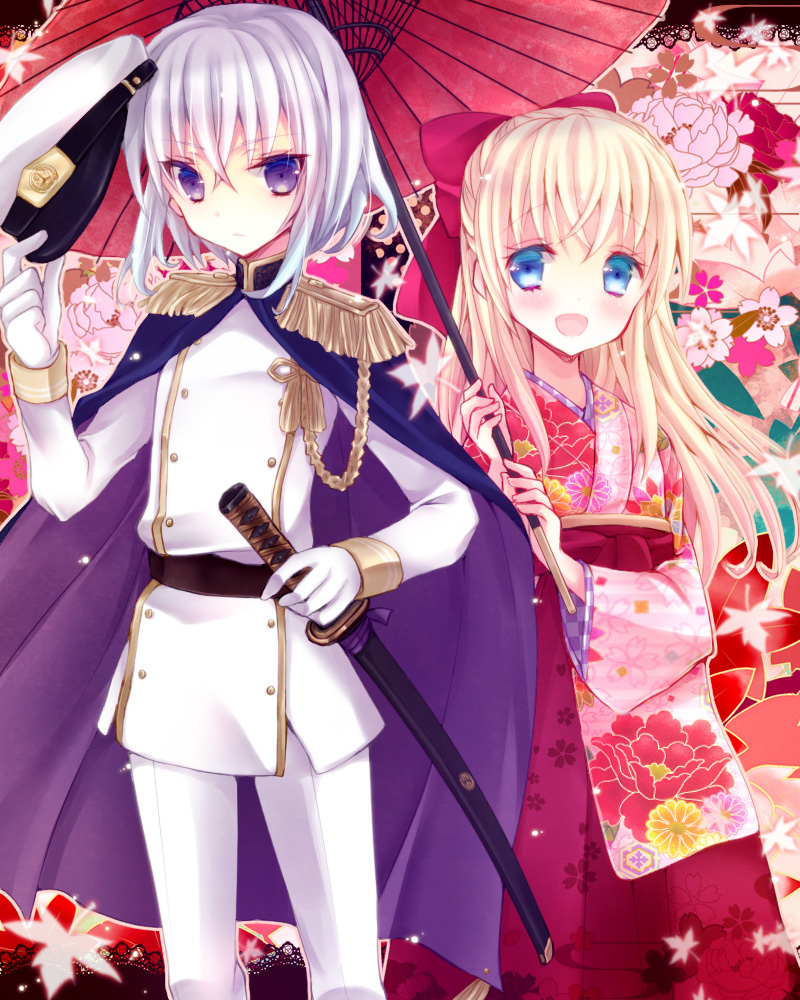 10s, 2boys, :d, blonde_hair, blue_eyes, bow, cape, crossdressing