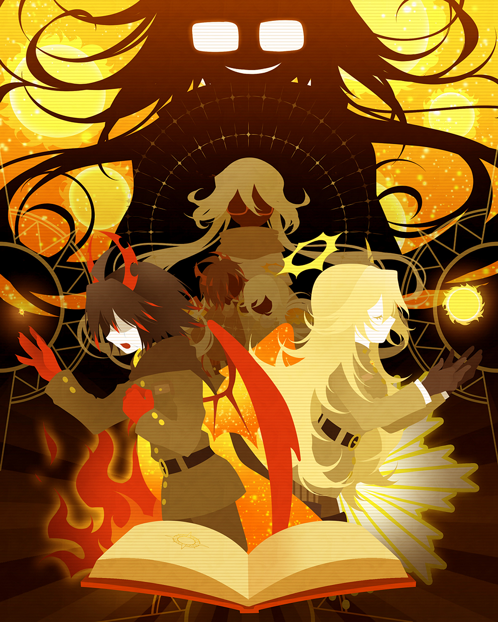 1girl, 2boys, aged_down, angel_wings, blonde_hair, book, brother_and_sister, child