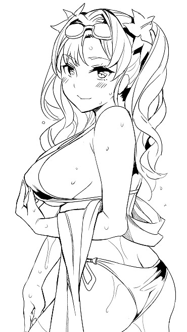 10s, 1girl, alternate_hairstyle, ass, bikini, blush, breasts, butt_crack, emua, eyewear_on_head, female_focus, flower, granblue_fantasy, greyscale, hair_flower, hair_ornament, large_breasts, long_hair, monochrome, side-tie_bikini_bottom, sideboob, solo, sunglasses, swimsuit, towel, twintails, wet, zeta_(granblue_fantasy), zeta_(summer)_(granblue_fantasy)