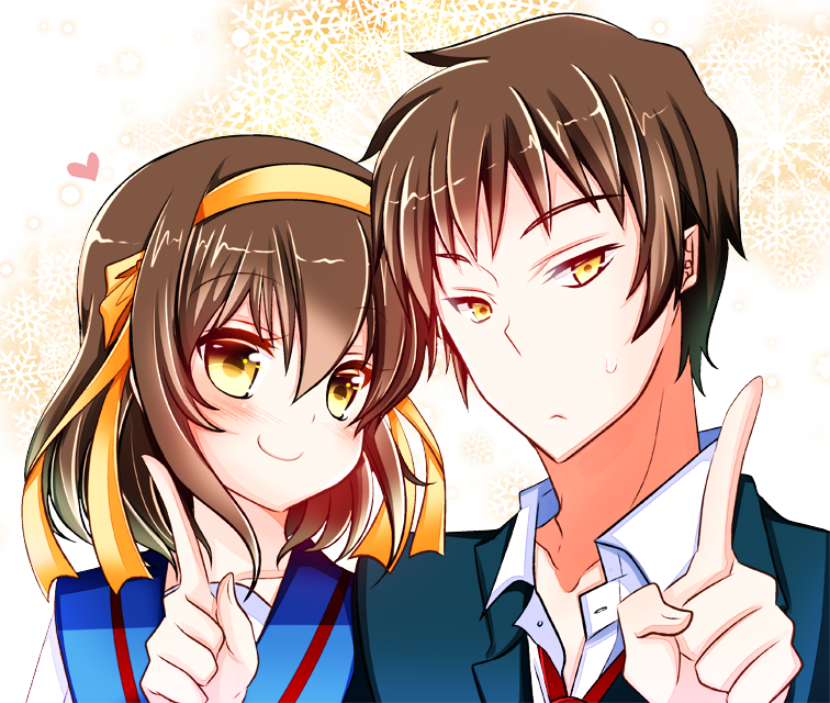 1boy, 1girl, bad_id, bad_pixiv_id, brown_hair, gradient_background, hairband, kyon