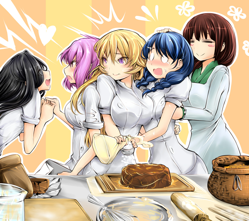 10s, 5girls, ^^^, apron, arato_hisako, asymmetrical_docking, black_hair, blonde_hair, blue_hair, blush, braid, breast_press, breasts, brown_hair, cake, chef, closed_eyes, food, girl_sandwich, headpat, inui_hinako, kappougi, large_breasts, long_hair, multiple_girls, nakiri_erina, open_mouth, pink_eyes, pink_hair, purple_eyes, sadatsuka_nao, sandwiched, shokugeki_no_souma, smile, striped_background, surprised, tadokoro_megumi, twin_braids, whisk, yuri, yuriwhale