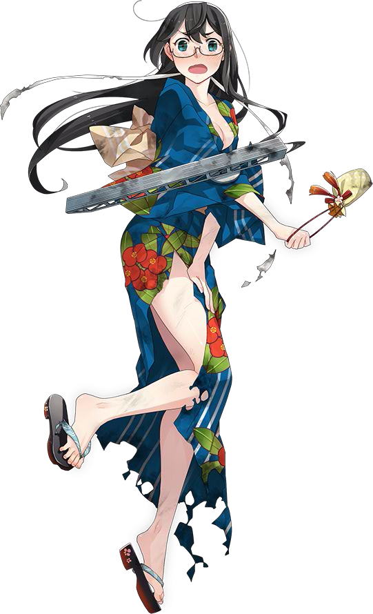 10s, 1girl, bag, barefoot_sandals_(jewelry), black_hair, blue_eyes, breasts, feet, female_focus, fujikawa, full_body, glasses, hairband, japanese_clothes, kantai_collection, kimono, long_hair, medium_breasts, official_art, ooyodo_(kancolle), ooyodo_(yukata)_(kancolle), solo, surprised, toes, torn_clothes, transparent_background, yukata