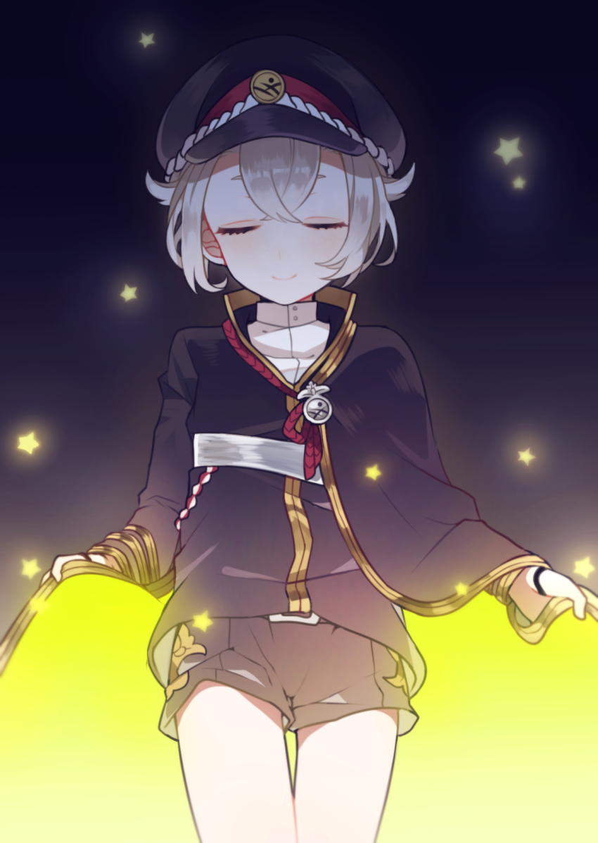 10s, 1boy, bisco9skm, cape, cowboy_shot, closed_eyes, hair_flaps, hat