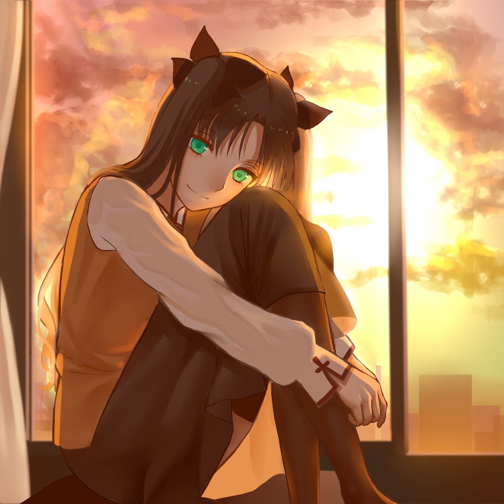 1girl, alternate_legwear, backlighting, black_thighhighs, brown_hair, fate/stay_night, fate_(series), female_focus