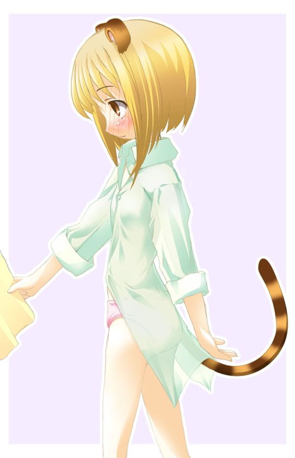 1girl, animal_ears, blonde_hair, blush, female_focus, fruits_basket, panties, shirt, shiwo, short_hair, solo, souma_kisa, tail, underwear