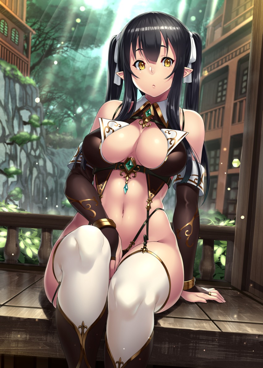 1girl, between_legs, black_hair, bracelet, breasts, cleavage, curvy, detached_sleeves, elf, elf_(houtengeki), female_focus, garter_straps, hand_between_legs, highleg, highleg_panties, highres, houtengeki, jewelry, large_breasts, long_hair, looking_at_viewer, navel, non-web_source, original, panties, pointy_ears, revealing_clothes, sitting, solo, string_panties, thick_thighs, thighhighs, thighs, twintails, underwear, wide_hips, yellow_eyes