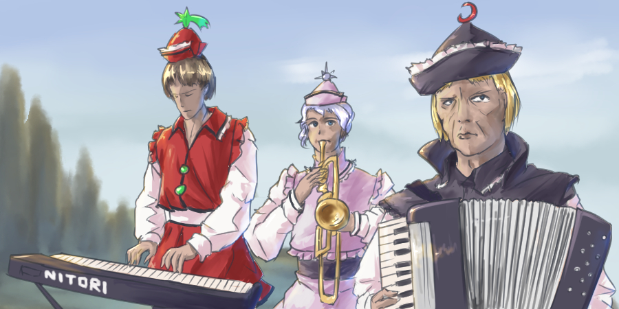 3boys, accordion, blonde_hair, brown_hair, gender_request, genderswap, hat, instrument