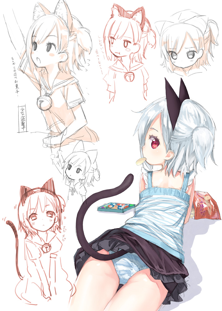 1girl, animal_ears, arms_up, bad_id, bad_pixiv_id, bell, capriccio, cat_ears, cat_tail, explosion, multiple_expressions, food_in_mouth, hibanar, jingle_bell, kaburi_chiko, looking_at_viewer, looking_back, lying, on_stomach, original, panties, pantyshot, pleated_skirt, red_eyes, side_ponytail, silver_hair, simple_background, skirt, tail, thigh_gap, underwear, white_panties