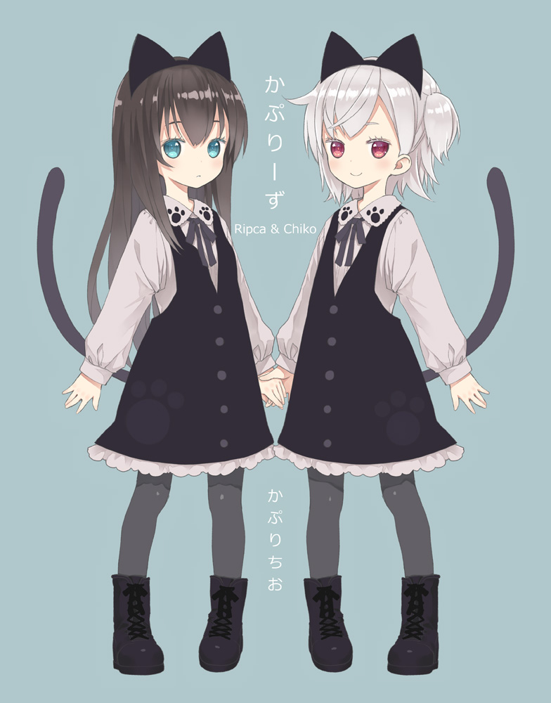2girls, animal_ears, colored_eyelashes, bad_id, bad_pixiv_id, blue_eyes, boots, brown_hair