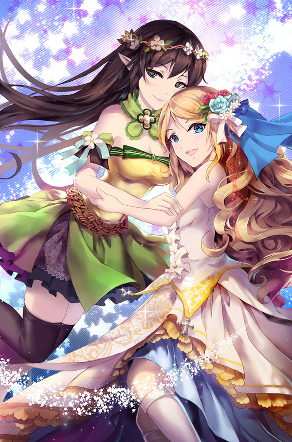 2girls, bare_shoulders, black_hair, blue_eyes, cover, cover_page, dress, elf