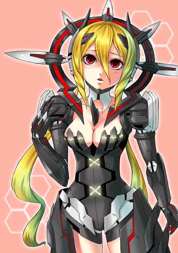 1girl, android, armor, blonde_hair, breasts, cleavage, female_focus, headdress