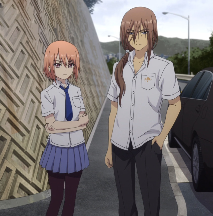 10s, 1boy, 1girl, 3d, anime_screenshot, black_pantyhose, blue_eyes, blurry