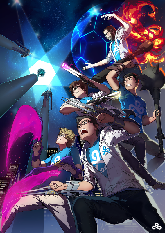5boys, balls_(gamer), beard, brown_hair, cloud9, cloud_9, esports, facial_hair, glasses, hai_du_lam, hood, hoodie, kha'zix, league_of_legends, lemonnation_(gamer), lucian_(league_of_legends), mace, meteos_(gamer), moon, morgana_(league_of_legends), multiple_boys, open_mouth, real_life, riot_games, rumble_(league_of_legends), shilin, skyline, sneaky_(gamer), tower, weapon, zed_(league_of_legends)