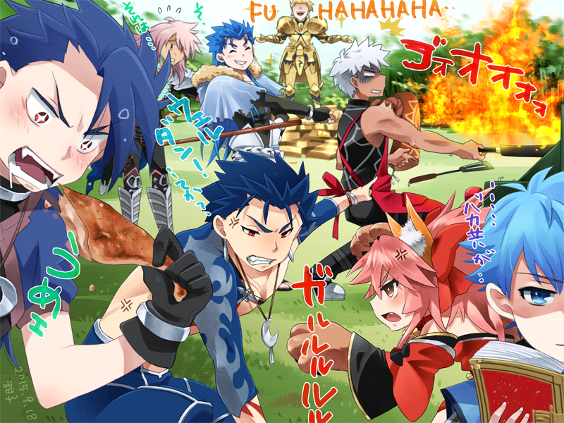 10s, 1girl, 6+boys, animal_ears, apron, archer_(fate), armor, astolfo_(fate), bad_id, bad_pixiv_id, barbecue_party, bare_shoulders, bell, blonde_hair, blue_hair, collar, cooking, cu_chulainn_(caster)_(fate), cu_chulainn_(fate), cu_chulainn_(fate/prototype), cu_chulainn_(lancer)_(fate), cu_chulainn_(second_ascension)_(fate), detached_sleeves, eating, fate/apocrypha, fate/extra, fate/extra_ccc, fate/grand_order, fate/prototype, fate/stay_night, fate_(series), fighting, fire, gilgamesh_(fate), grilling, hair_ribbon, hans_christian_andersen_(fate), japanese_clothes, jewelry, laughing_man_(gits), long_hair, multiple_boys, open_mouth, party, pink_hair, ponytail, red_eyes, ribbon, siegfried_(fate), tamamo_cat_(fate), tamamo_cat_(first_ascension)_(fate), tamamo_no_mae_(fate), tenko_ex, translation_request, yellow_eyes