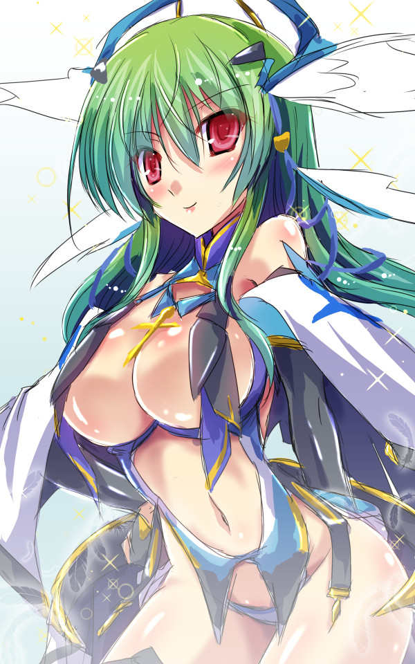 1girl, awakening_(sennen_sensou_aigis), blush, bodysuit, breasts, carrie_(sennen_sensou_aigis), cleavage, cowboy_shot