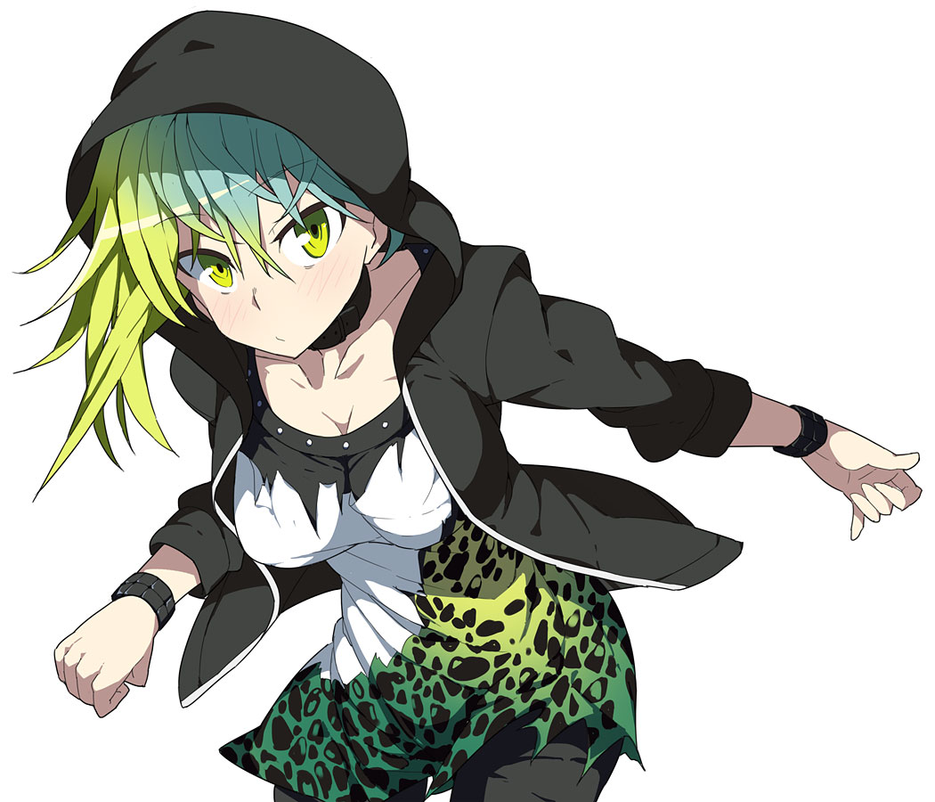 1girl, blush, character_request, closed_mouth, collar, female_focus, green_eyes, hood, hoodie, looking_at_viewer, multicolored_hair, ring_dream, simple_background, solo, tori0714, white_background