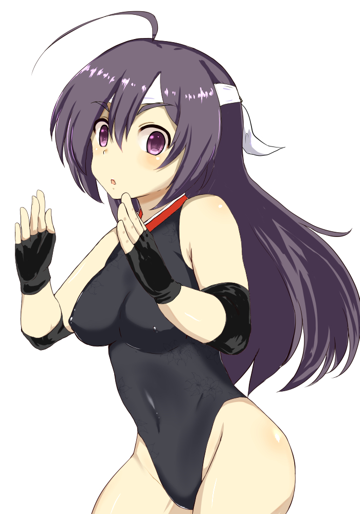 1girl, ahoge, bare_shoulders, black_gloves, blush, cacaodecocoa, female_focus, fingerless_gloves, gloves, headband, kokoneri, leotard, long_hair, looking_at_viewer, naeumi_tomono, purple_eyes, purple_hair, ring_dream, simple_background, solo, white_background
