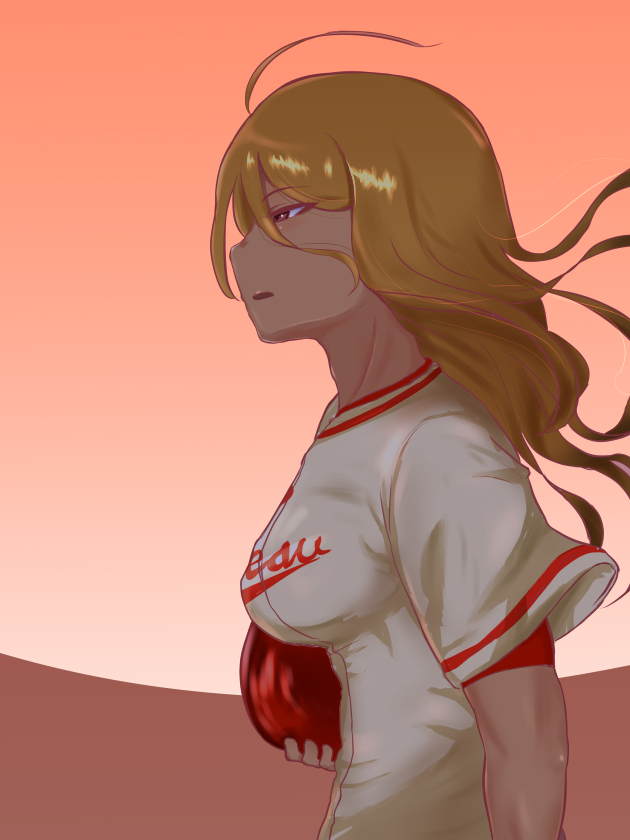 1girl, ahoge, blonde_hair, cacaodecocoa, character_request, female_focus, gradient_background, half-closed_eyes