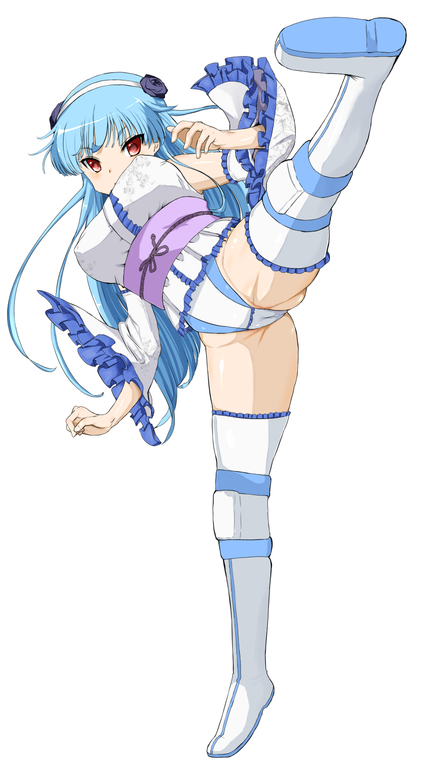 1girl, blue_hair, boots, cacaodecocoa, cameltoe, female_focus, flower, frilled_thighhighs, frills, hair_flower, hair_ornament, hairband, highres, kokoneri, long_hair, looking_at_viewer, obi, red_eyes, ring_dream, sasaki_yukime, sash, simple_background, solo, thighhighs, white_background, white_thighhighs, yuki_onna_(ring_dream)