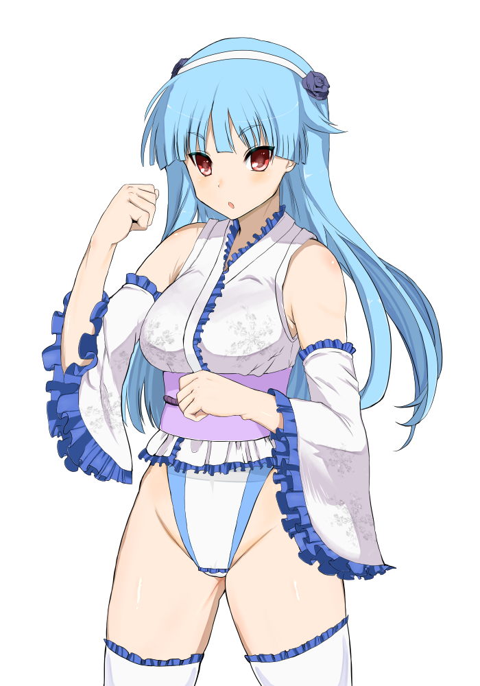 1girl, aqua_hair, blue_hair, blush, boots, breasts, cacaodecocoa, detached_sleeves, female_focus, flower, frilled_thighhighs, frills, hair_flower, hair_ornament, hairband, japanese_clothes, kimono, kokoneri, leotard, long_hair, looking_at_viewer, obi, open_mouth, red_eyes, ring_dream, rose, sasaki_yukime, sash, simple_background, solo, thighhighs, white_background, white_thighhighs, wrestling_outfit, yuki_onna_(ring_dream)