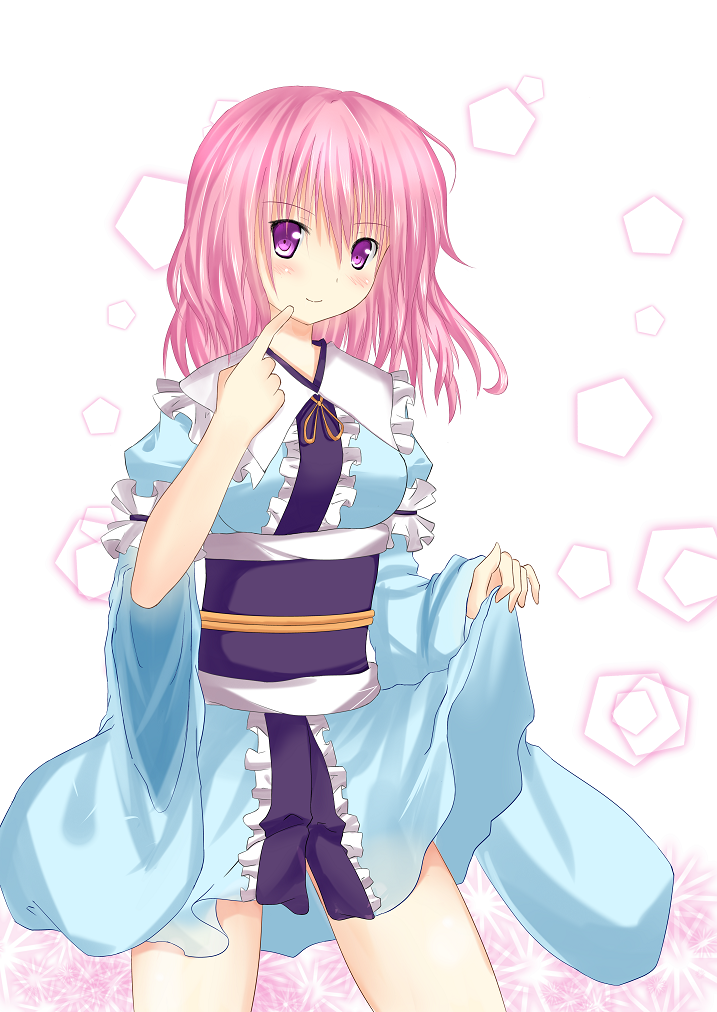 1girl, blush, breasts, clothes_lift, female_focus, japanese_clothes, looking_at_viewer, mikage000