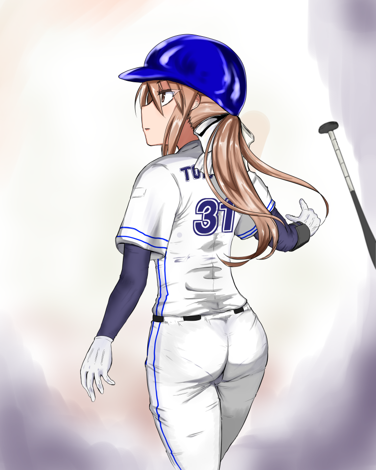 1girl, baseball_bat, baseball_helmet, baseball_uniform, blonde_hair, bow, brown_eyes, cacaodecocoa
