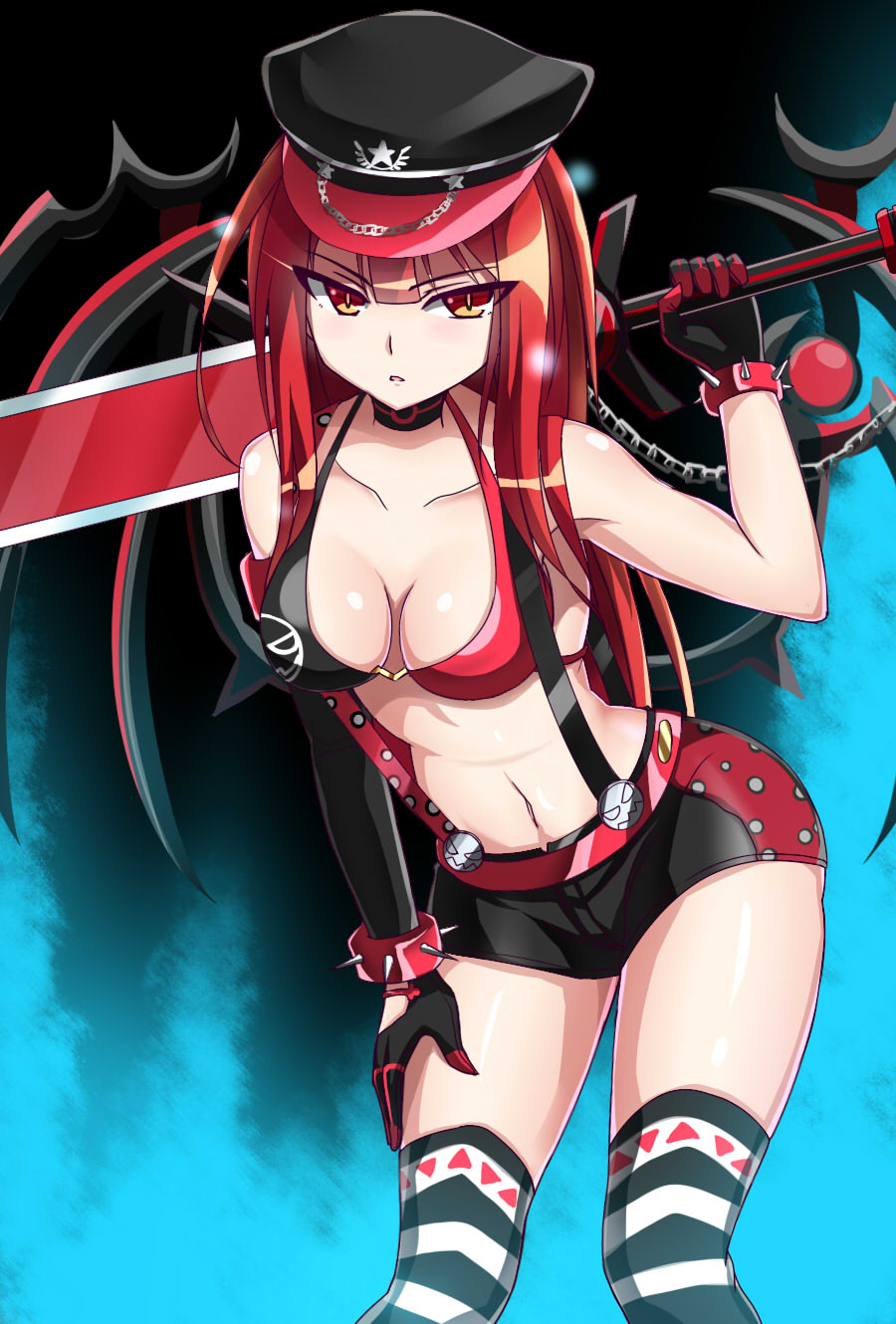 1girl, alternate_costume, aqua_background, black_background, black_gloves, bra, crimson_avenger_(elsword), elbow_gloves