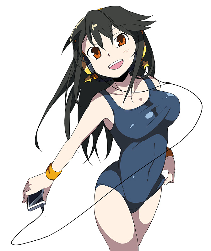 1girl, black_hair, collarbone, earrings, female_focus, happy, headphones, hoshizora_kogane