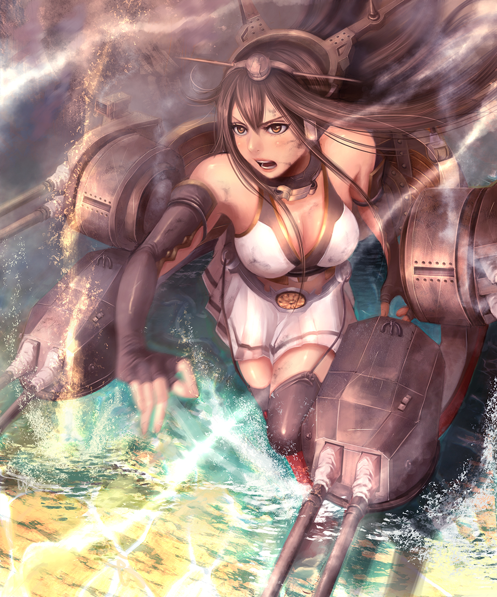 10s, 1girl, bare_shoulders, black_gloves, black_hair, black_thighhighs, collar, elbow_gloves