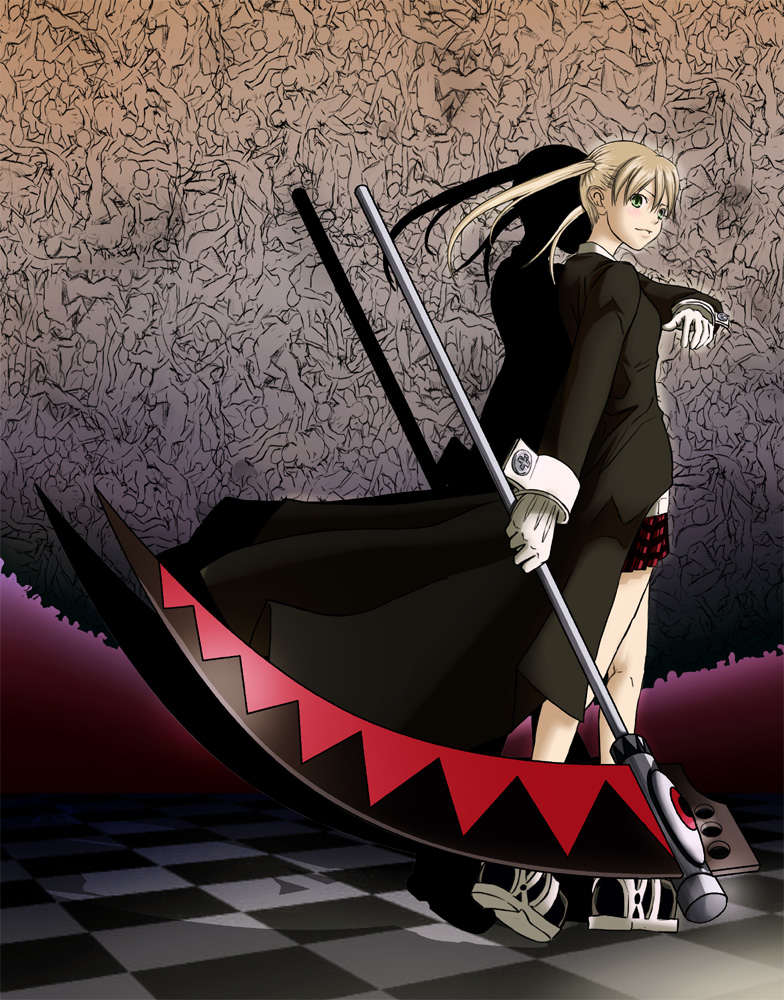 00s, bad_id, bad_pixiv_id, blonde_hair, coat, gloves, green_eyes, hagetaka, maka_albarn, plaid_clothes, plaid_skirt, scythe, skirt, solo, soul_eater, soul_evans, twintails