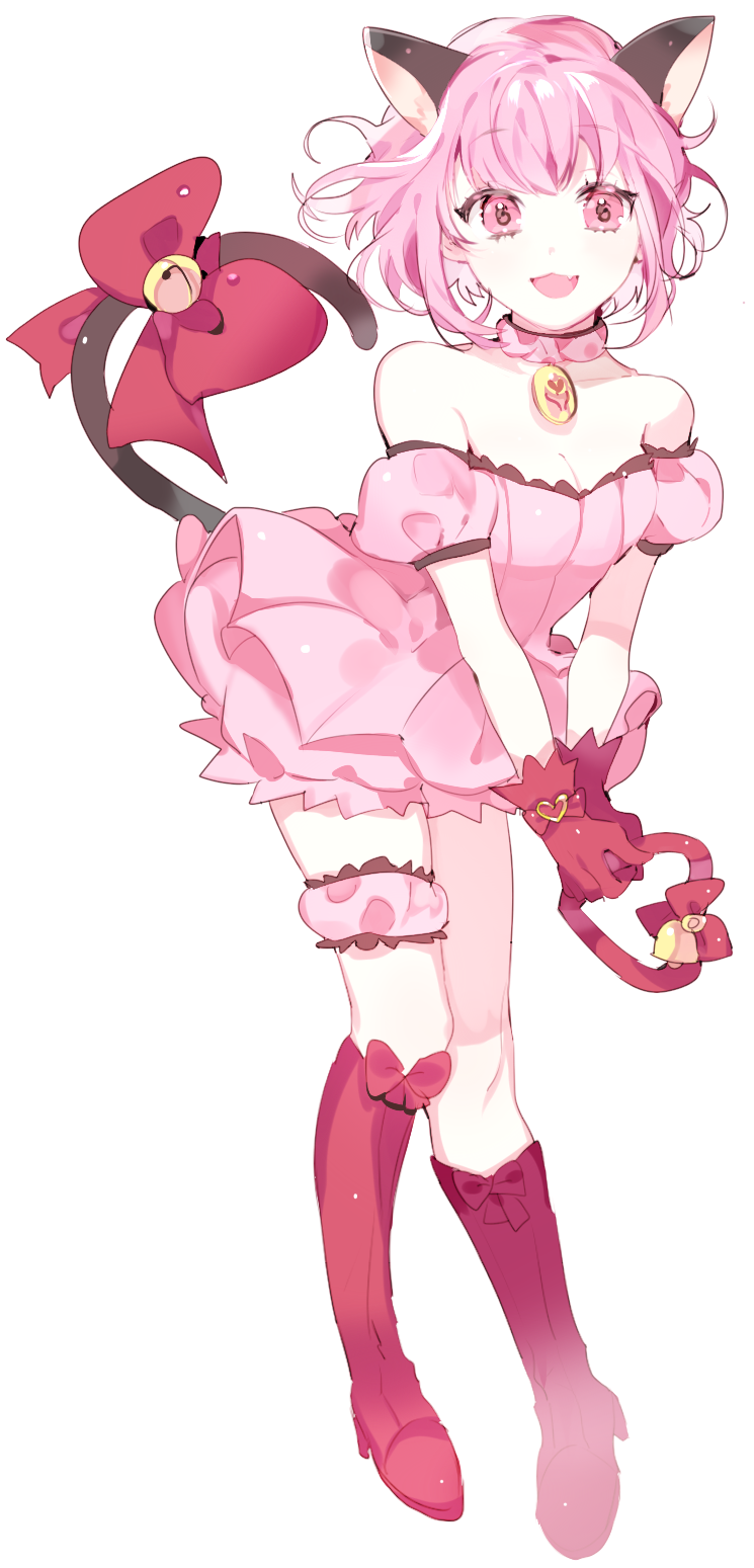 00s, 1girl, :d, animal_ears, bad_id, bad_pixiv_id, boots, bow, breasts, cat_ears, cat_tail, cleavage, dress, fang, female_focus, full_body, gloves, highres, looking_at_viewer, mew_ichigo, momomiya_ichigo, off_shoulder, open_mouth, pink_dress, pink_eyes, pink_hair, piyo_(ppotatto), red_gloves, short_hair, simple_background, small_breasts, smile, solo, symbol-shaped_pupils, tail, tail_bow, tail_ornament, tokyo_mew_mew, white_background