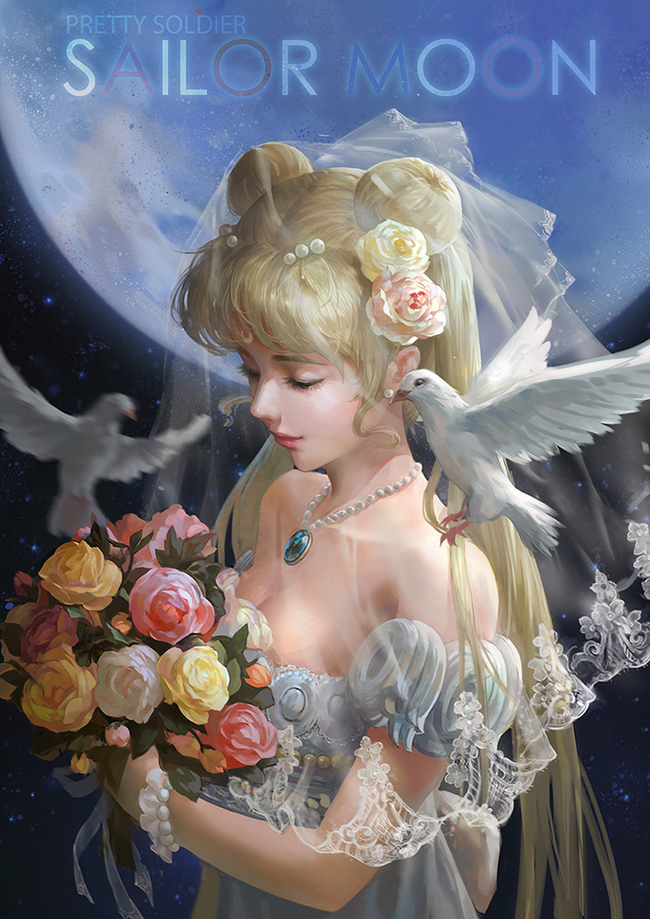 1girl, bead_bracelet, bead_necklace, beads, bird, bishoujo_senshi_sailor_moon, blonde_hair, blurry