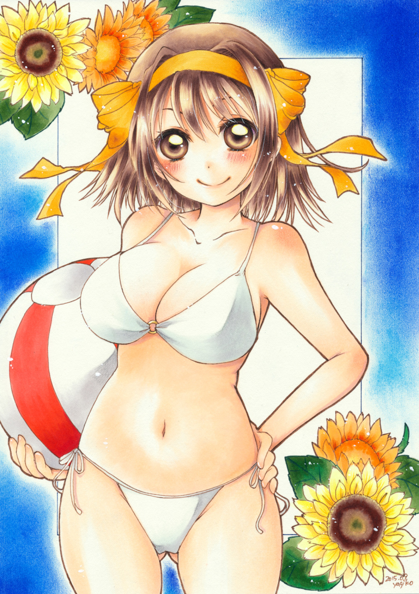 1girl, bikini, blush, breasts, brown_eyes, brown_hair, cleavage, cowboy_shot