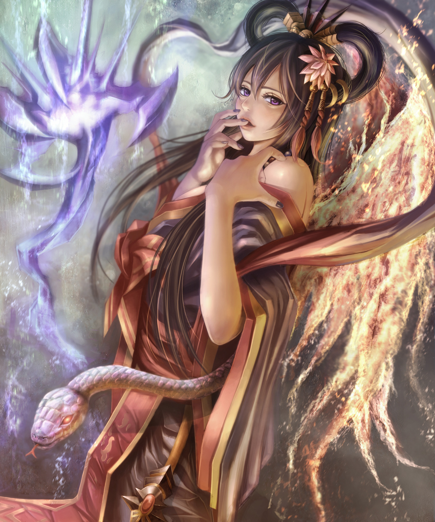 1girl, animal, bad_id, bad_pixiv_id, bare_shoulders, black_hair, black_nails, female_focus