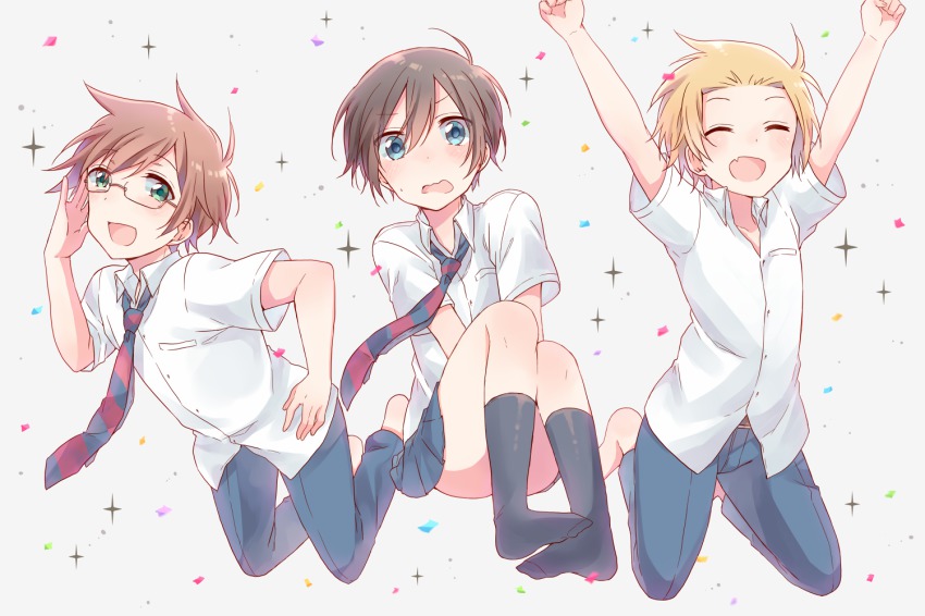 3boys, black_hair, blonde_hair, brown_hair, crossdressing, crossdressing_(mtf), danshi_koukousei_no_nichijou, glasses, male_focus, miso_(mimimiso), multiple_boys, necktie, school_uniform, serafuku, short_hair, simple_background, striped_clothes, striped_necktie, striped_neckwear, tabata_hidenori, tadakuni_(danshi_koukousei), tanaka_yoshitake