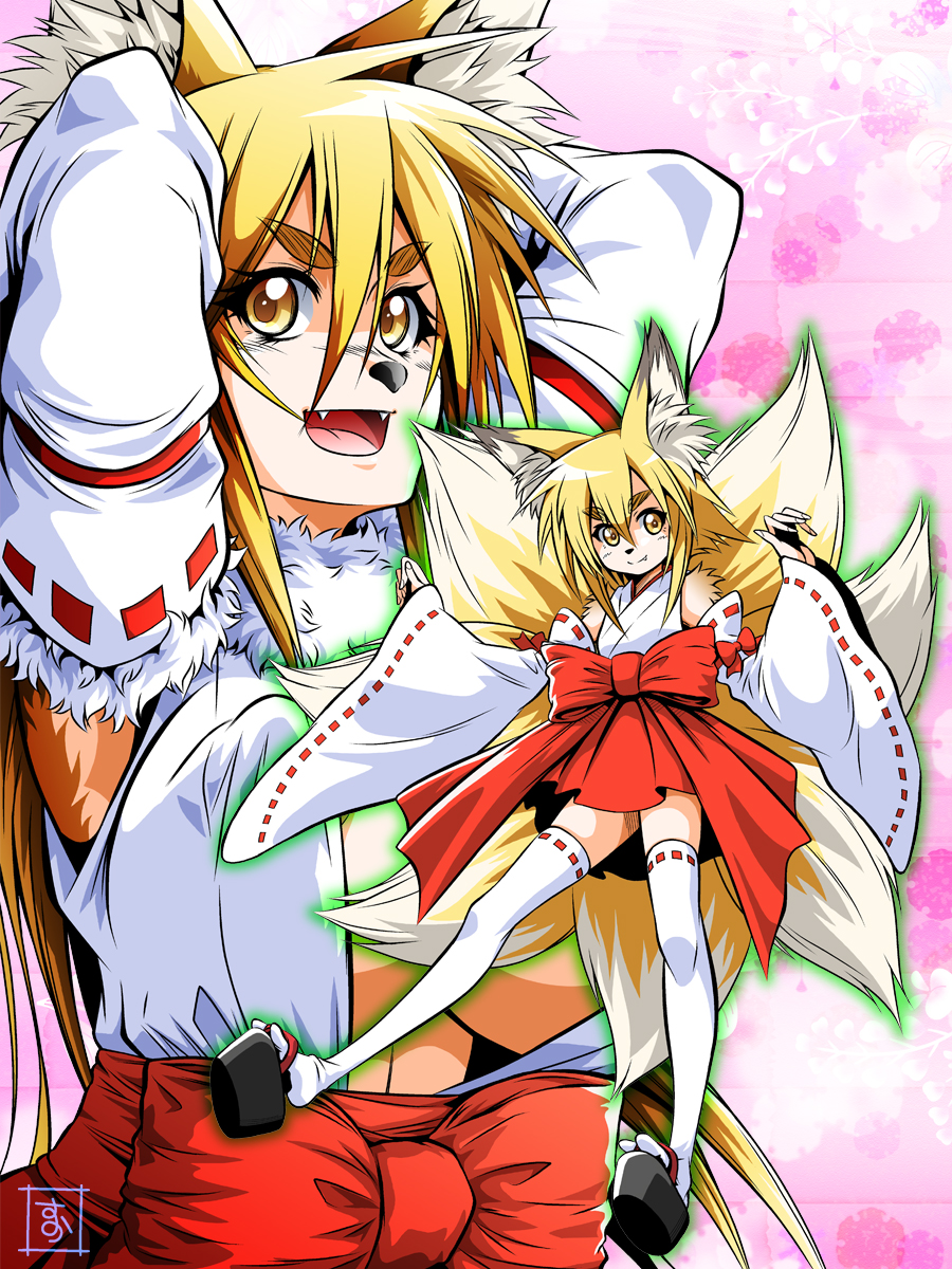 10s, 1girl, animal_ears, blonde_hair, breasts, covered_erect_nipples, detached_sleeves, dual_persona, fang, fangs, fox_ears, fox_tail, furry, gradient_background, highres, japanese_clothes, kitsune, kyuubi, luz_ninetei, miko, monster_girl, monster_musume_no_iru_nichijou, multiple_tails, ribbon-trimmed_legwear, ribbon-trimmed_sleeves, ribbon_trim, s-now, signature, smile, tail, thighhighs, yellow_eyes