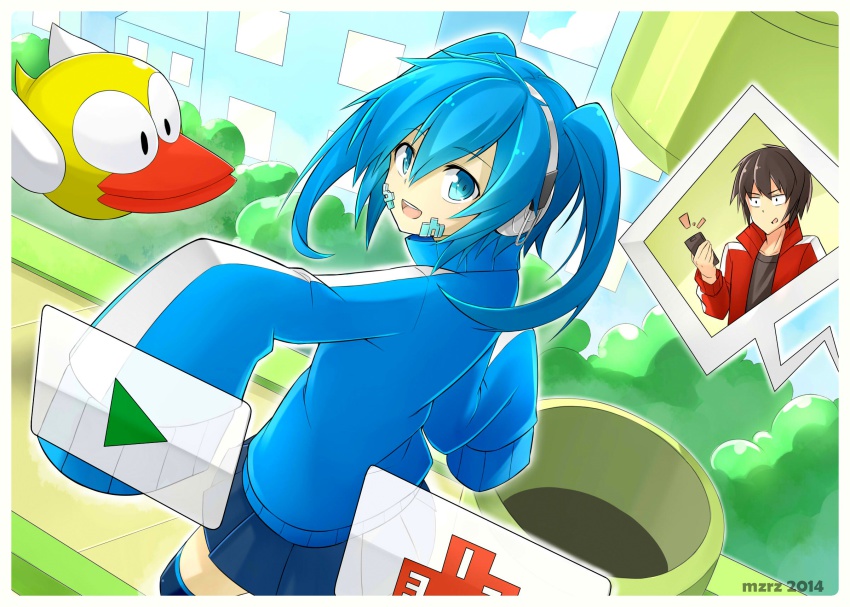 1boy, 1girl, :d, beak, black_shirt, blue_eyes, blue_hair, blue_skirt