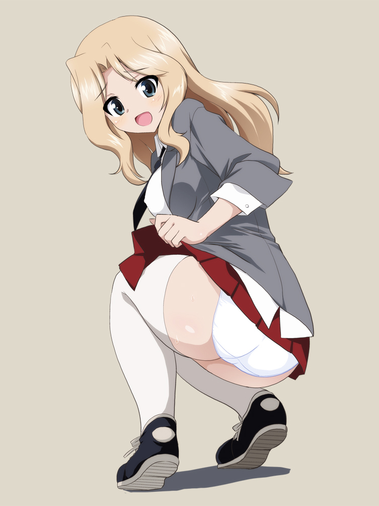 10s, 1girl, ass, blazer, blonde_hair, blue_eyes, blush, dress_shirt, female_focus, from_behind, girls_und_panzer, grey_background, jacket, kay_(girls_und_panzer), looking_at_viewer, looking_back, miniskirt, necktie, open_mouth, ouhashi, panties, pantyshot, pleated_skirt, school_uniform, shirt, shoes, simple_background, skirt, smile, sneakers, solo, squatting, thighhighs, underwear, white_panties, white_shirt, white_thighhighs