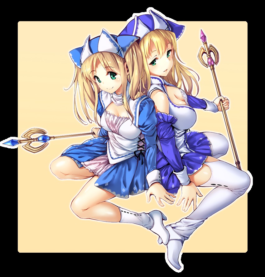 2girls, back-to-back, bad_id, bad_pixiv_id, blonde_hair, boots, border, breasts