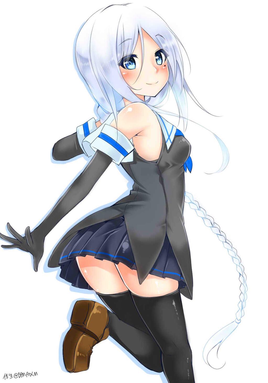 10s, 1girl, bare_shoulders, black_gloves, black_skirt, black_thighhighs, blue_eyes, blue_neckerchief
