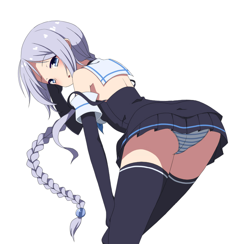10s, 1girl, ass, back, bare_shoulders, black_gloves, black_skirt, black_thighhighs, blue_eyes, braid, collared_shirt, elbow_gloves, female_focus, gloves, kantai_collection, long_hair, looking_back, mole, mole_under_eye, neckerchief, panties, pleated_skirt, school_uniform, serafuku, shirt, silver_hair, simple_background, single_braid, skirt, sleeveless, sleeveless_shirt, solo, striped_clothes, striped_panties, thighhighs, toho-77, umikaze_(kancolle), underwear, very_long_hair