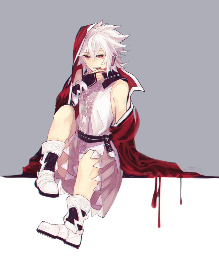 1girl, aka_manto, cape, dress, earmuffs, fangs, female_focus, grey_background