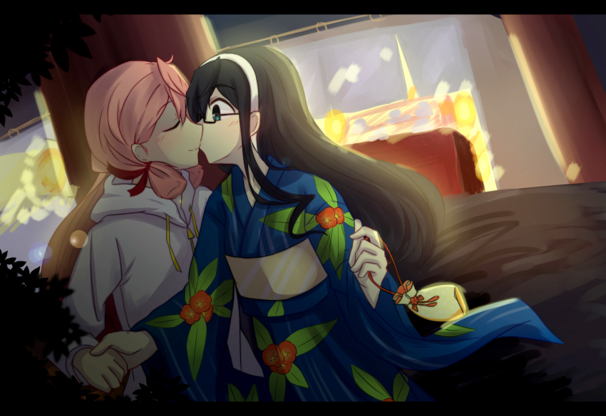 10s, 2girls, akashi_(kancolle), bad_id, bad_pixiv_id, black_hair, blue_eyes, blush, closed_eyes, dutch_angle, female_focus, fukodesu, glasses, hair_ribbon, hairband, highres, holding_hands, hood, hoodie, japanese_clothes, kantai_collection, kimono, kiss, long_hair, long_sleeves, looking_at_another, multiple_girls, night, ooyodo_(kancolle), ooyodo_(yukata)_(kancolle), pink_hair, ribbon, smile, surprised, tress_ribbon, twintails, wide_sleeves, yukata, yuri