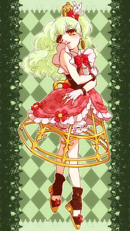 1girl, aidi_(otoca_d'or), aidi_(otoca_doll), argyle_background, argyle_clothes, black_shoes, border, bow, brooch, earrings, feathers, female_focus, fingerless_gloves, frills, full_body, gloves, green_background, green_hair, honcha, jewelry, long_hair, otoca_d'or, pink_skirt, red_bow, shoes, skirt, solo, white_gloves, winding_key, yellow_eyes
