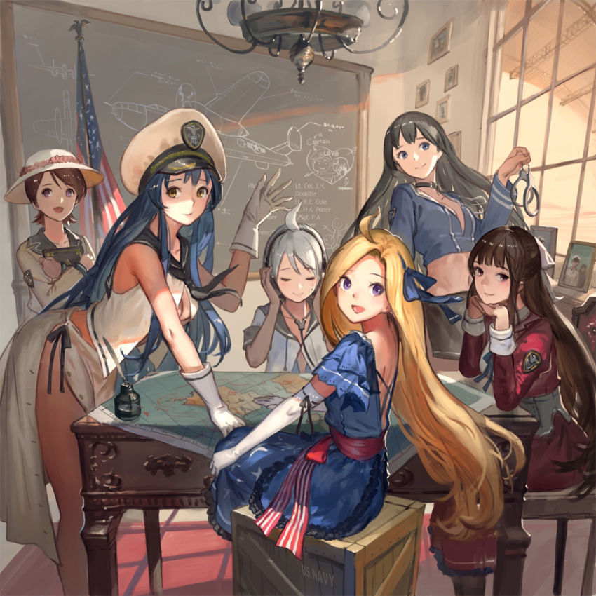 10s, 6+girls, :d, admiral_(kancolle), ahoge, american_flag, black_hair, blonde_hair