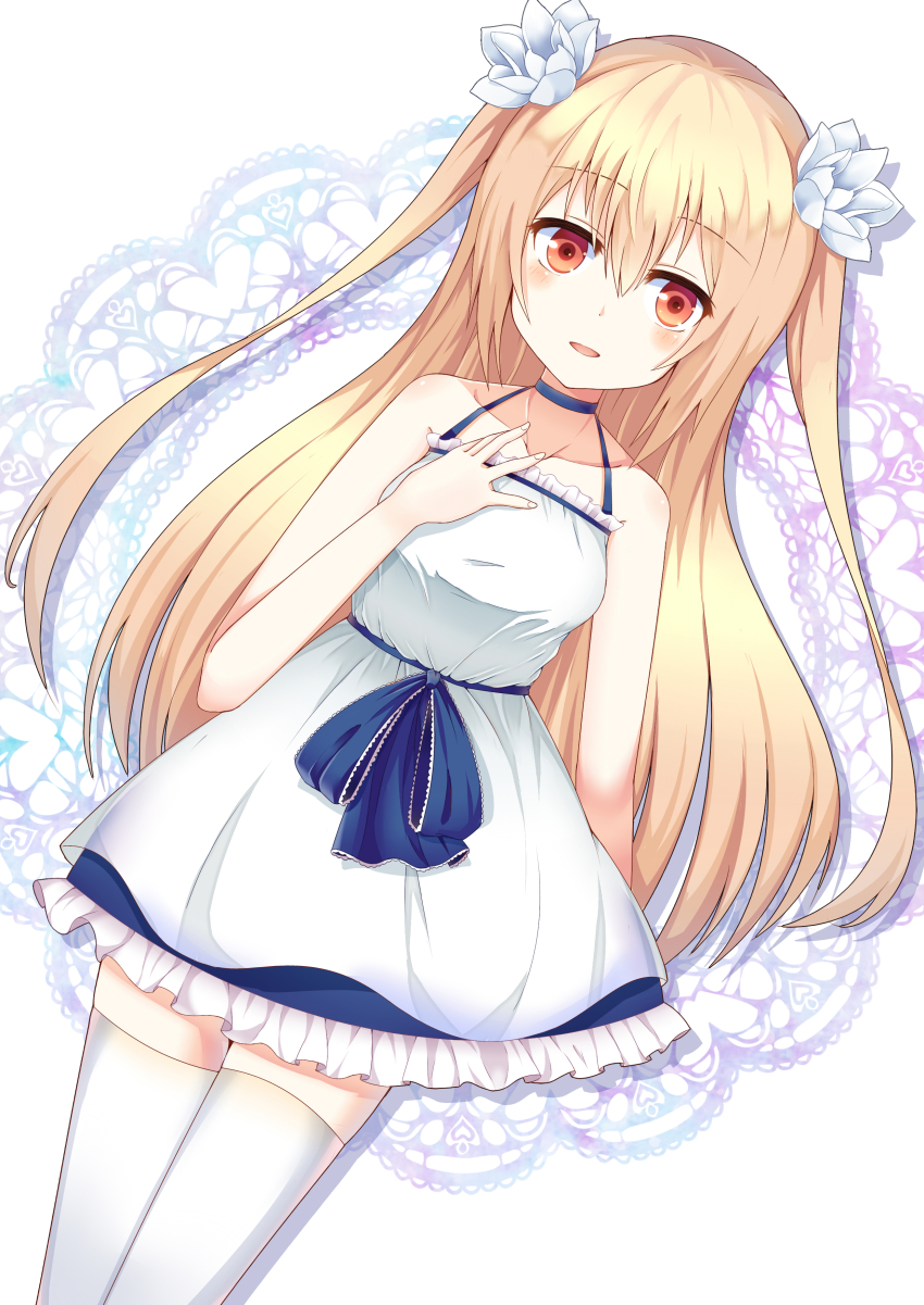 1girl, absurdres, blonde_hair, blush, choker, dress, female_focus, flower