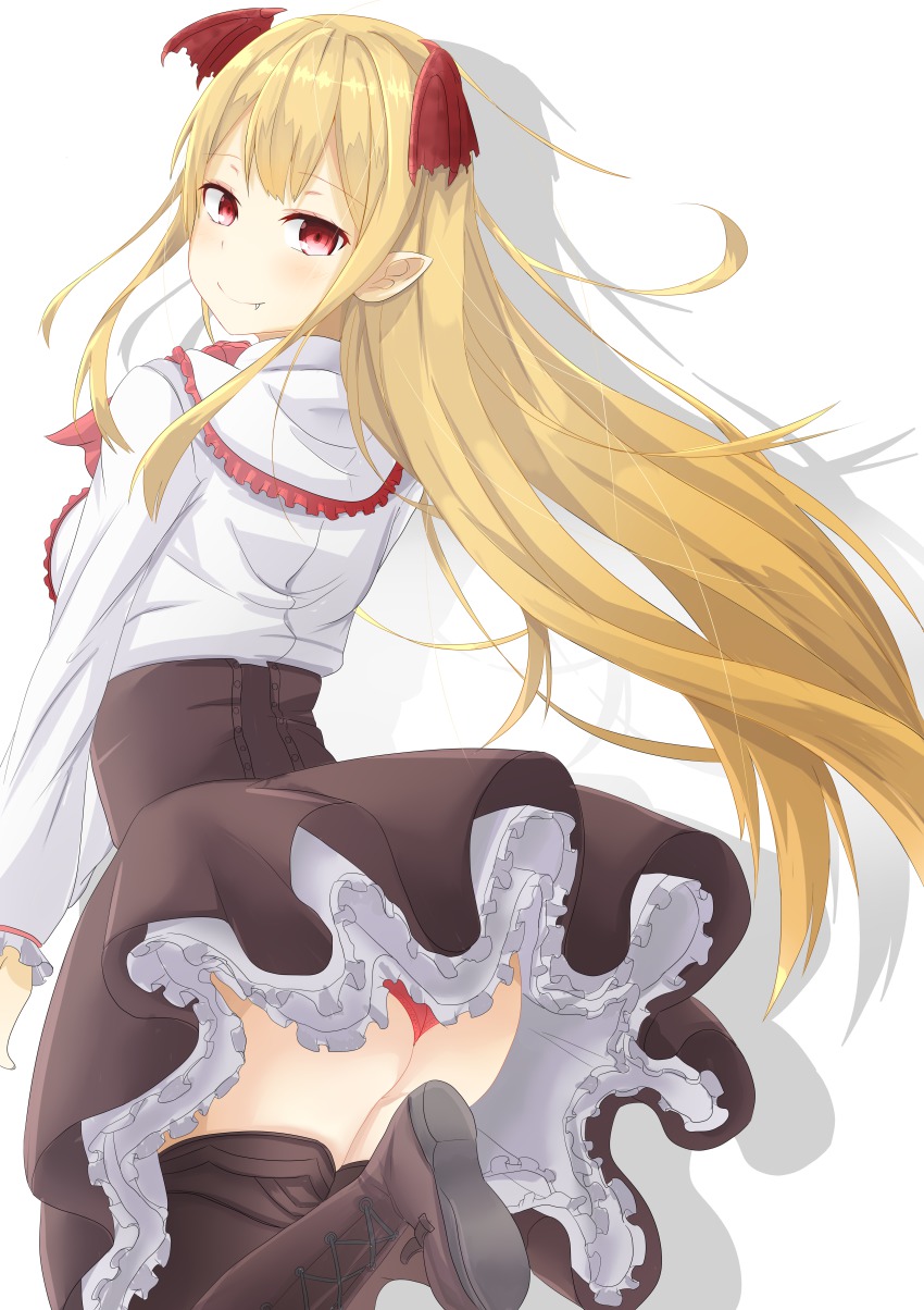 10s, 1girl, absurdres, ass, bat_wings, blonde_hair, boots, fang