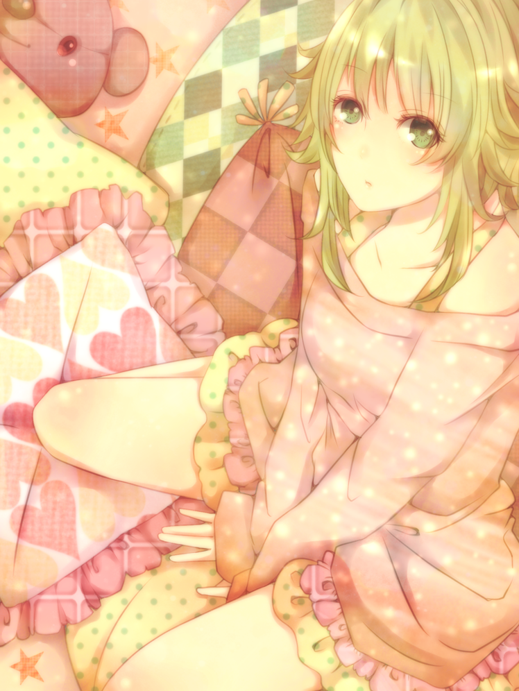 1girl, bad_id, bad_pixiv_id, between_legs, collarbone, female_focus, frilled_pillow, frills